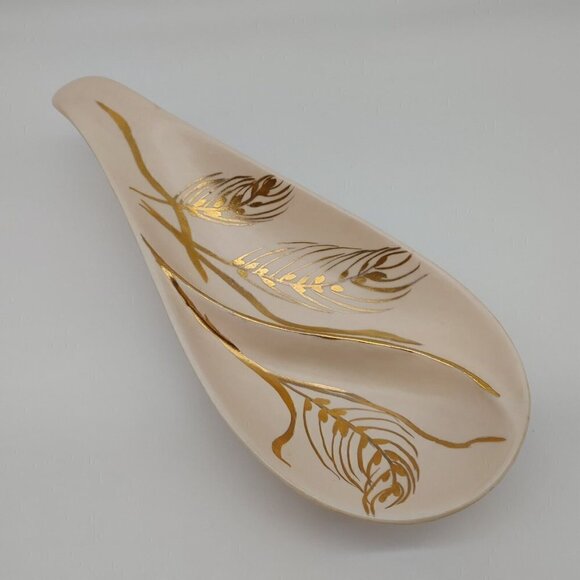 By Eve Gold Floral Shallow Dish Bowl Spoon Holder Pink Ceramic Handmade Vintage - Picture 3 of 12